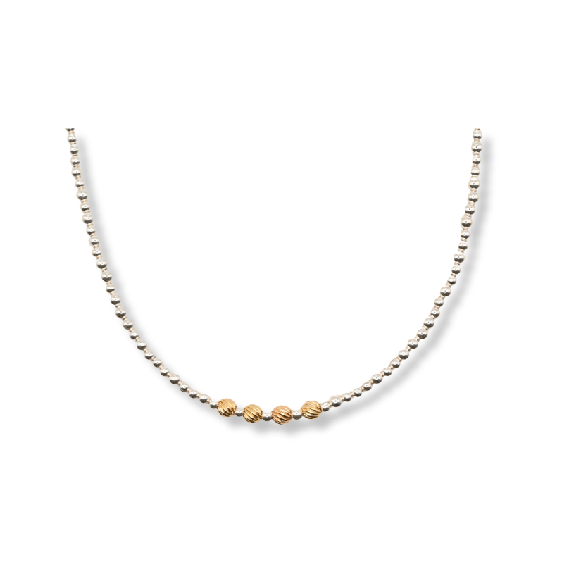 Gold Corrugated Beads with Sterling Silver Necklace
